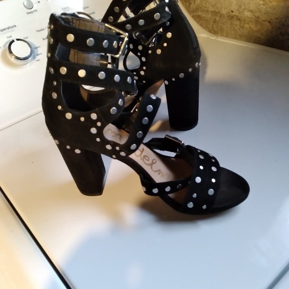 black dressy studed high block heel sandle